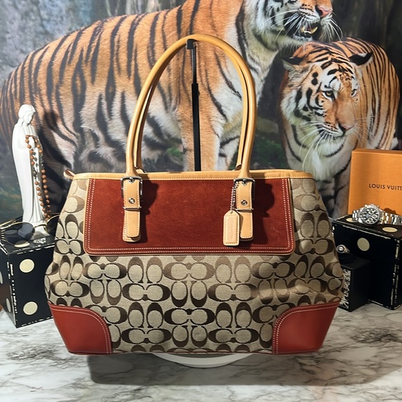 Coach VINTAGE Signature Tote Zip Top Canvas Fabric Rust Suede Top Handle Bag EUC - Picture 1 of 16